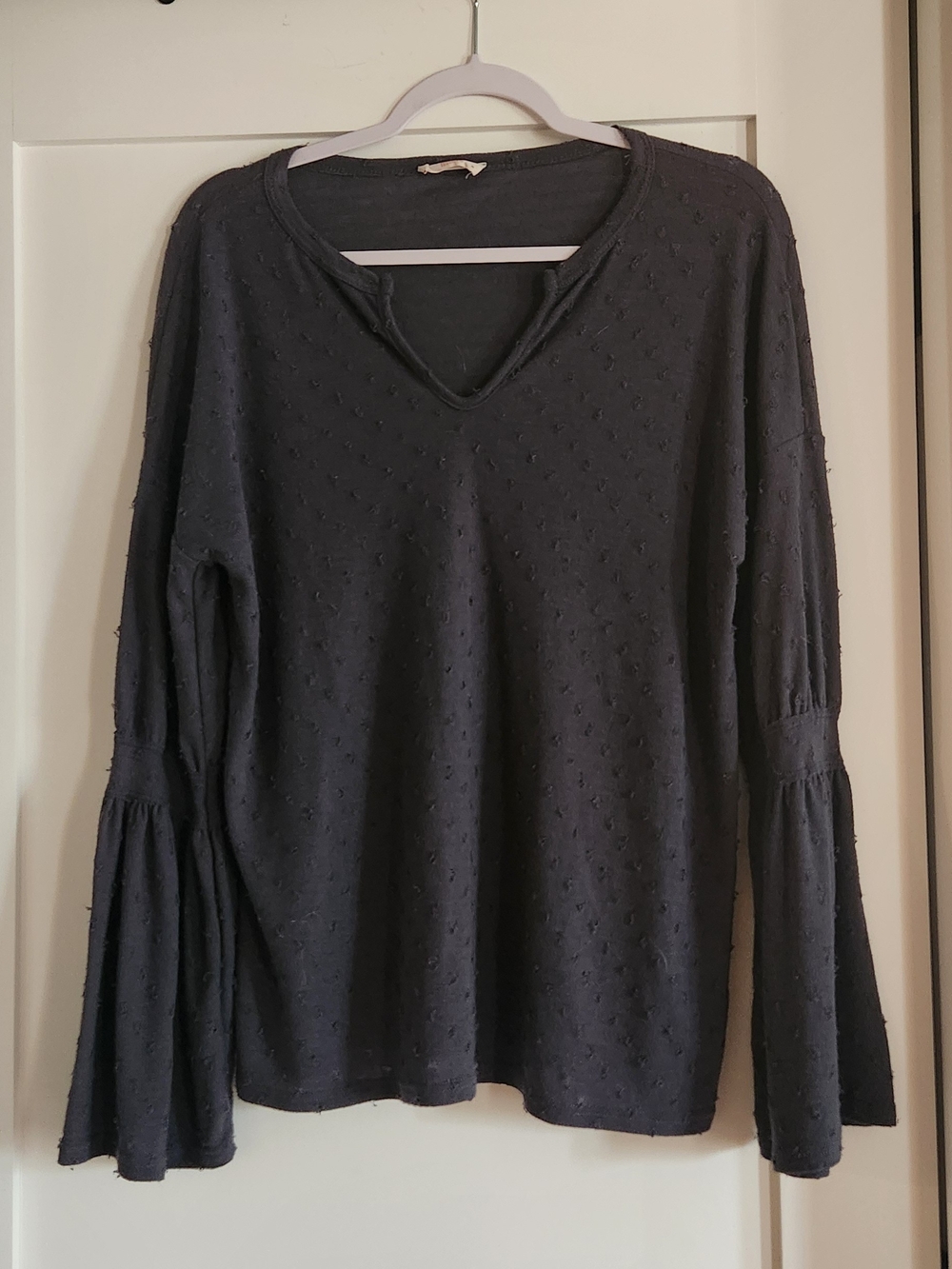 Hummingbird Blue-gray Textured V-Neck Bell-Sleeve Long Sleeve Top